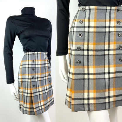 VINTAGE 60s 70s GREY WHITE YELLOW TARTAN PLAID CHECKED MOD SHORT SKIRT 6 8