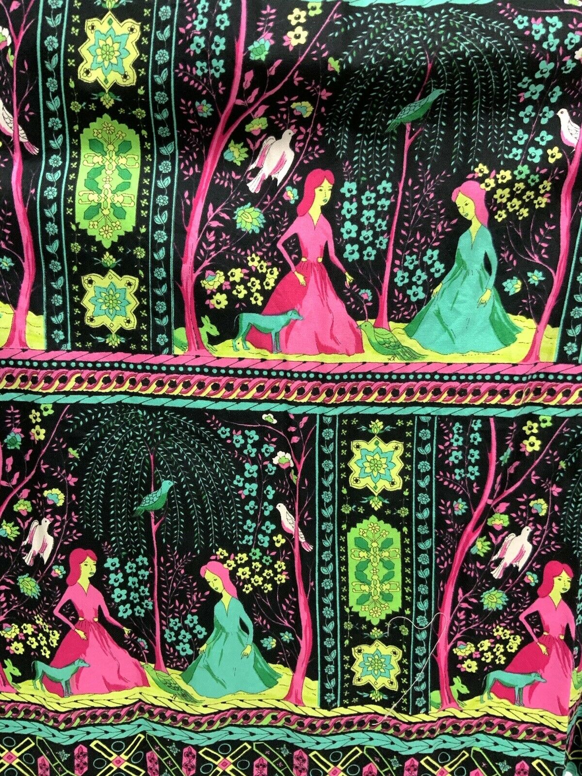 VTG 60s 70s BLACK GREEN PINK PSYCHEDELIC BIRD WOMAN FLORAL STRAPPY MAXI DRESS 8