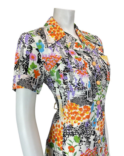 VINTAGE 60s 70s WHITE BLACK ORANGE FLORAL LEAFY BANDSTAND MOD SHIRT DRESS 12