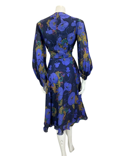 VINTAGE 60s 70s BLUE NAVY GOLD FLORAL PRINT FLOATY BOHO DISCO MOD DRESS 8