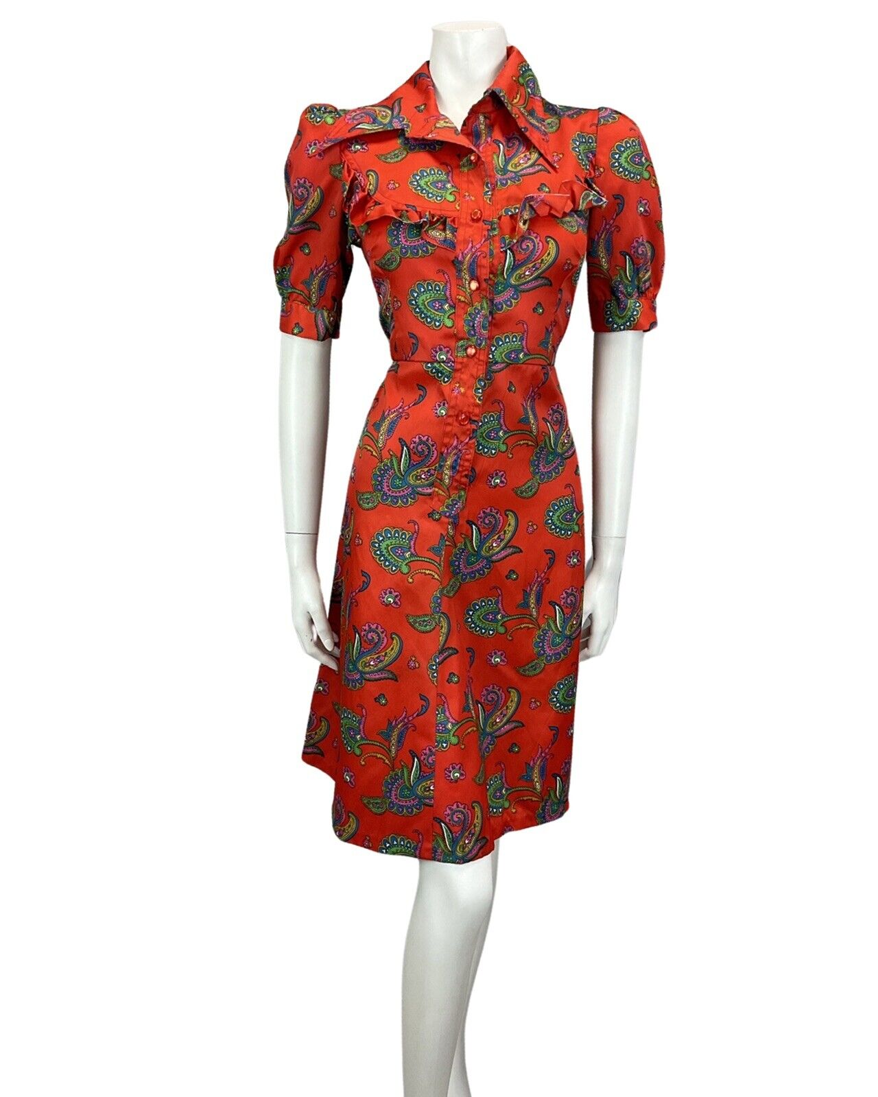 VTG 60s 70s RED BLUE PINK PAISLEY PRINT RUFFLED DAGGAR COLLAR MIDI DRESS 10 12