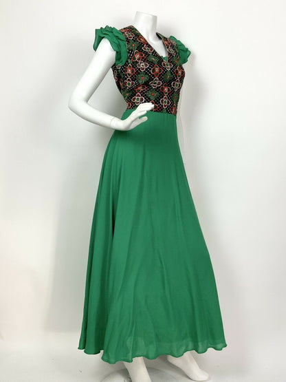 VINTAGE 60s 70s GREEN BLACK GOLD PINK FLORAL EMBROIDERED RUFFLE MAXI DRESS 8 10