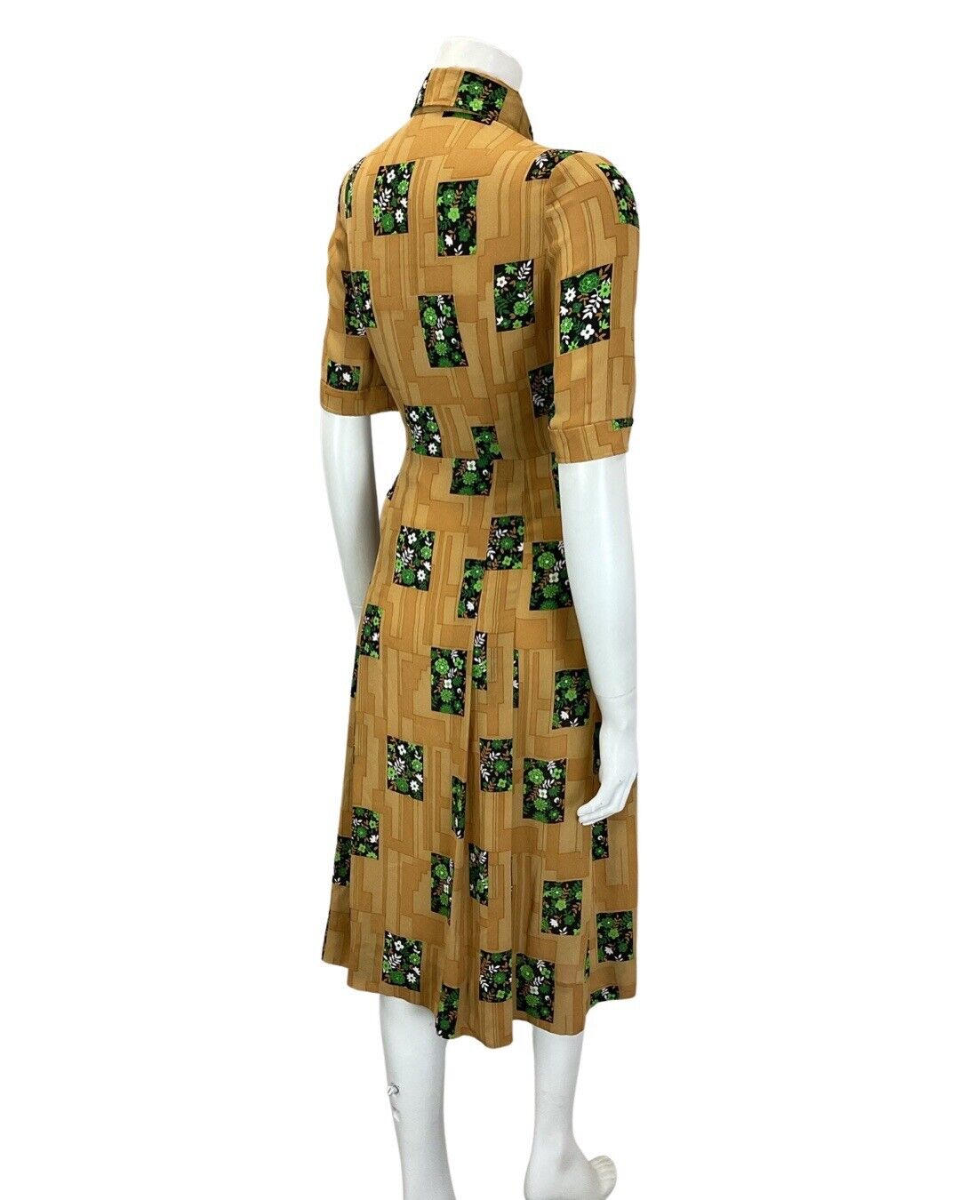 VINTAGE 60s 70s OCHRE YELLOW GREEN GEOMETRIC FLORAL MOD DAGGER SHIRT DRESS 8