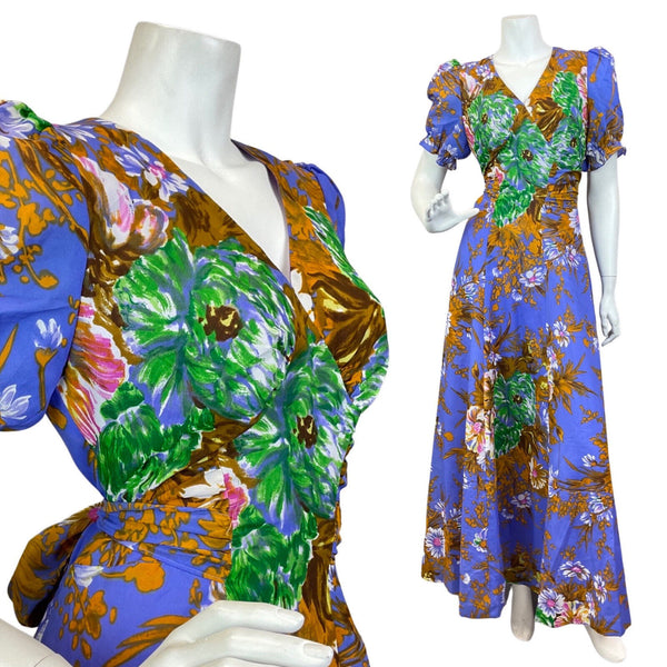 VINTAGE 60s 70s PURPLE GOLD GREEN FLORAL PUFF SLEEVE SUMMER MAXI DRESS 8 10