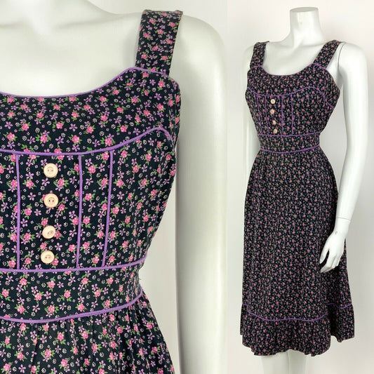 VTG 60s 70s BLACK PINK PURPLE WHITE GREEN FLORAL DITSY FOLK PRAIRIE DRESS 8 10