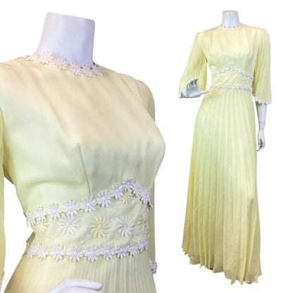 VINTAGE 60s 70s PASTEL YELLOW WHITE DAISY FLOWER BOHO MOD SHEER MAXI DRESS 10