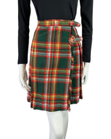 VINTAGE 60s 70s GREEN RED YELLOW TARTAN CHECKED BUCKLE MOD KILT SKIRT 6