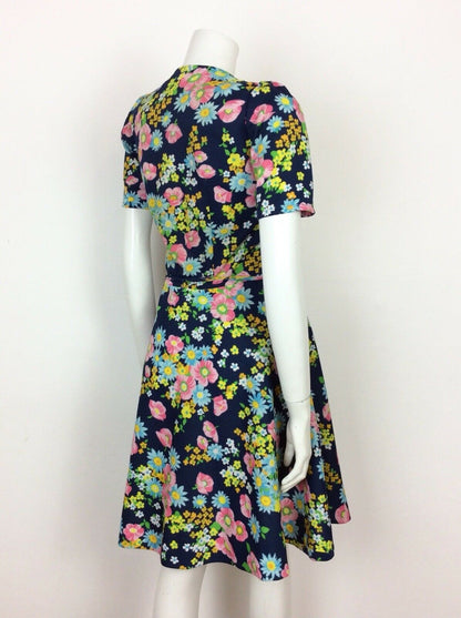 VINTAGE 60s 70s FLORAL A-LINE DRESS BLUE PINK YELLOW WHITE DITSY 8 10