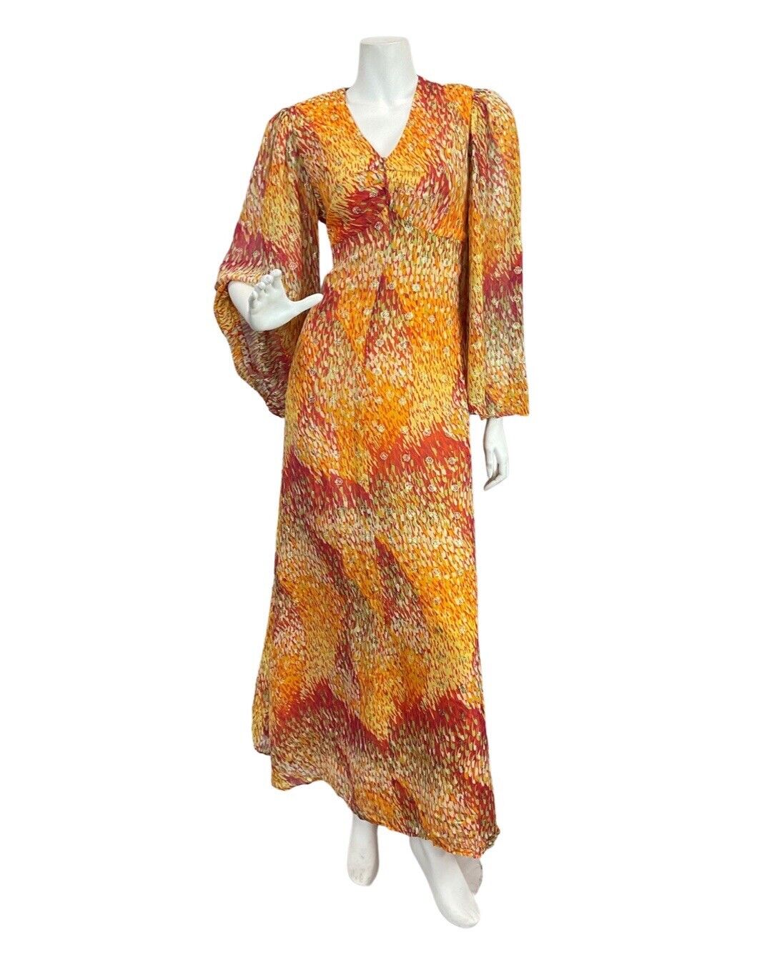 VINTAGE 60s 70s ORANGE GOLD RED PSYCHEDELIC DASH ANGEL SLEEVE MAXI DRESS 10