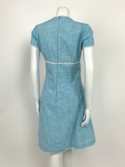 VTG 60s 70s BABY BLUE WHITE COTTON LINEN BLANKET STITCH PRINCESS LINE DRESS 10