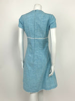 VTG 60s 70s BABY BLUE WHITE COTTON LINEN BLANKET STITCH PRINCESS LINE DRESS 10