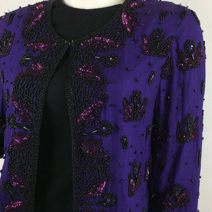 VINTAGE 70S 80S PURPLE EVENING PARTY BLACK PINK BEAD FLOWER TROPHY JACKET 10 12