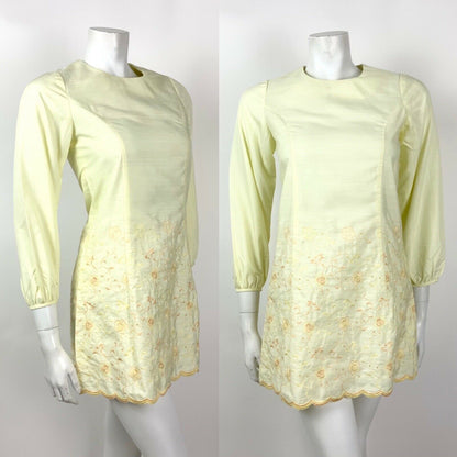 VINTAGE 60s 70s PASTEL YELLOW PEACH EMBROIDERED FLORAL SWIRL MINI MOD DRESS 6 8