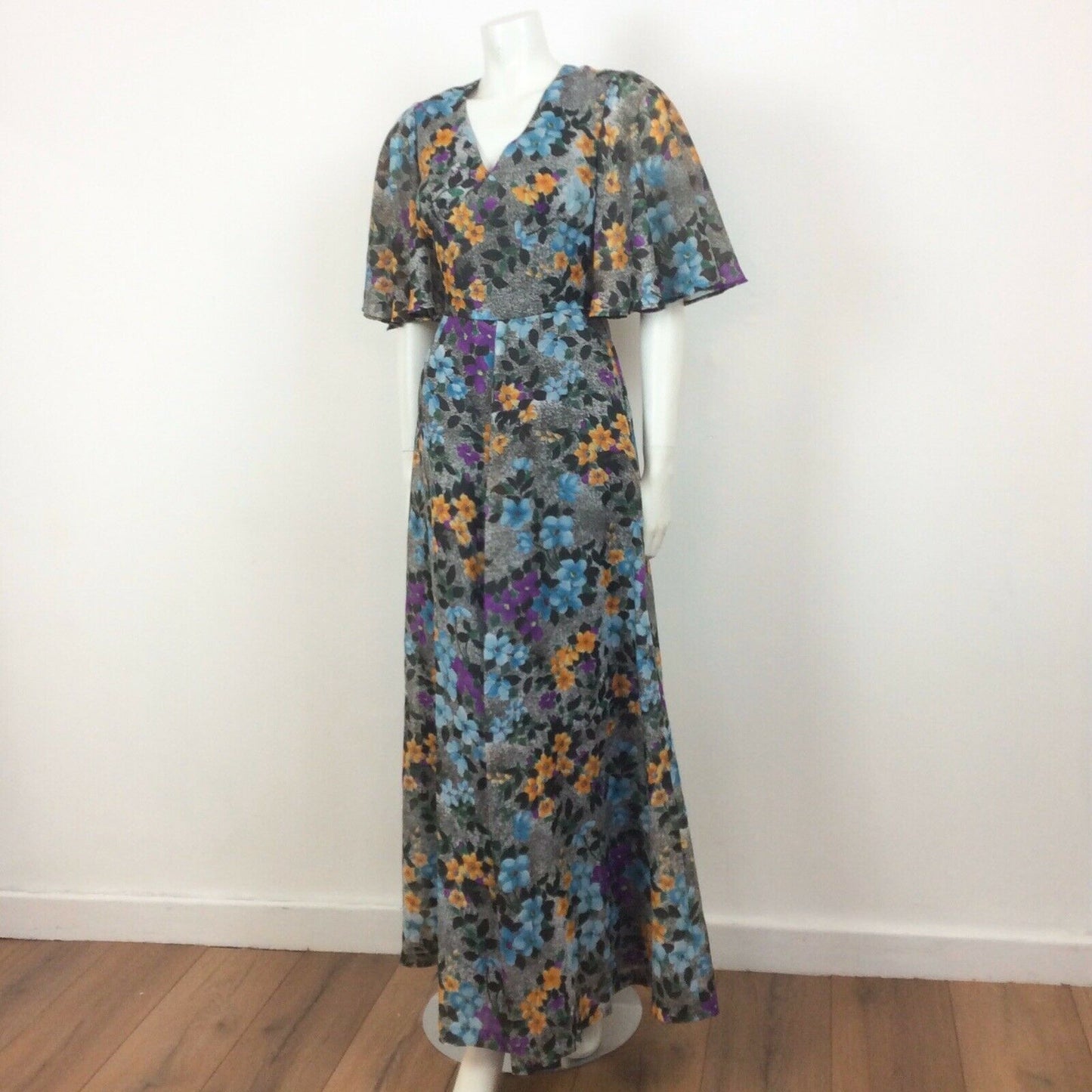 70S VINTAGE GREY GREEN BLUE PURPLE YELLOW FLOWER MAXI DRESS 10