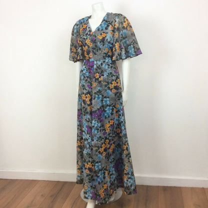 70S VINTAGE GREY GREEN BLUE PURPLE YELLOW FLOWER MAXI DRESS 10