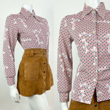 VINTAGE 60s 70s WHITE RED BLACK GEOMETRIC CHECKERBOARD MOD DAGGER BLOUSE 10 12