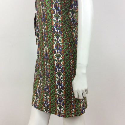 60S VINTAGE PSYCHEDELIC GREEN YELLOW WHITE FLORAL PAISLEY MINI DRESS 16