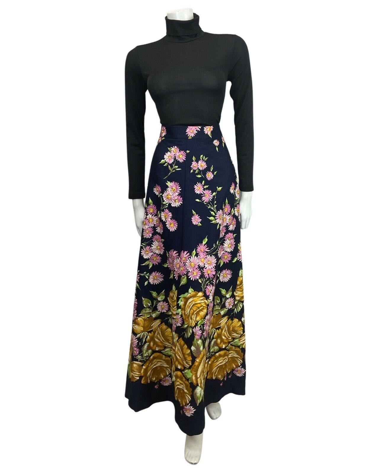 VINTAGE 60s 70s BLUE YELLOW PINK DAISY ROSE FLORAL MOD BOHO MAXI SKIRT 10