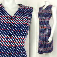 VINTAGE 60s 70s BLUE WHITE RED GEOMETRIC STRIPED MOD DRESS 12 14