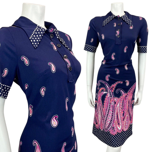 VTG 60s 70s NAVY BLUE PINK CORAL PAISLEY PRINT POLKA DOT MIDI MOD DRESS 12 14