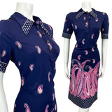 VTG 60s 70s NAVY BLUE PINK CORAL PAISLEY PRINT POLKA DOT MIDI MOD DRESS 12 14