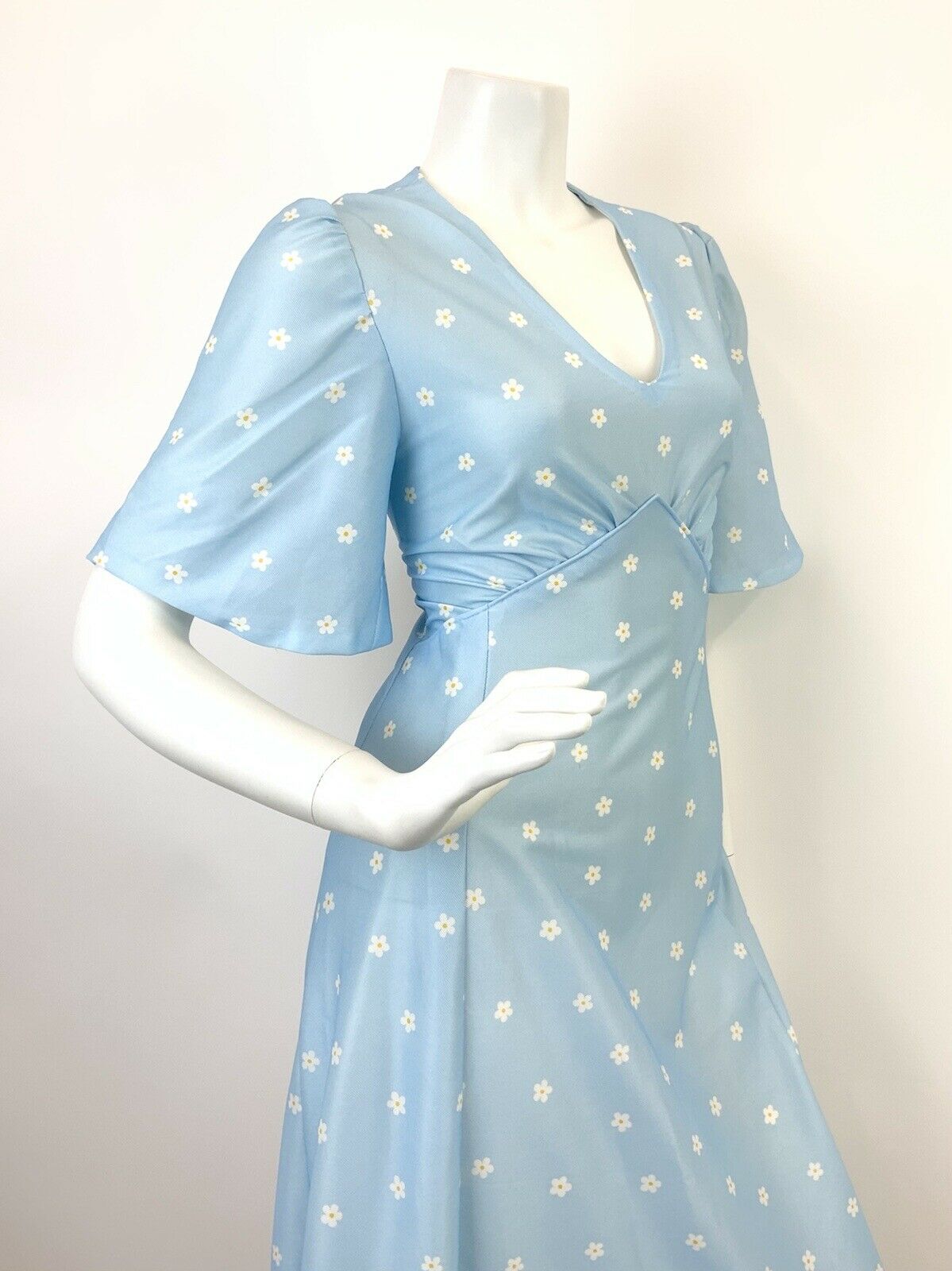 VTG 60s 70s BABY BLUE NAVY WHITE YELLOW WAVY DAISY FLORAL MOD MAXI DRESS 12 14