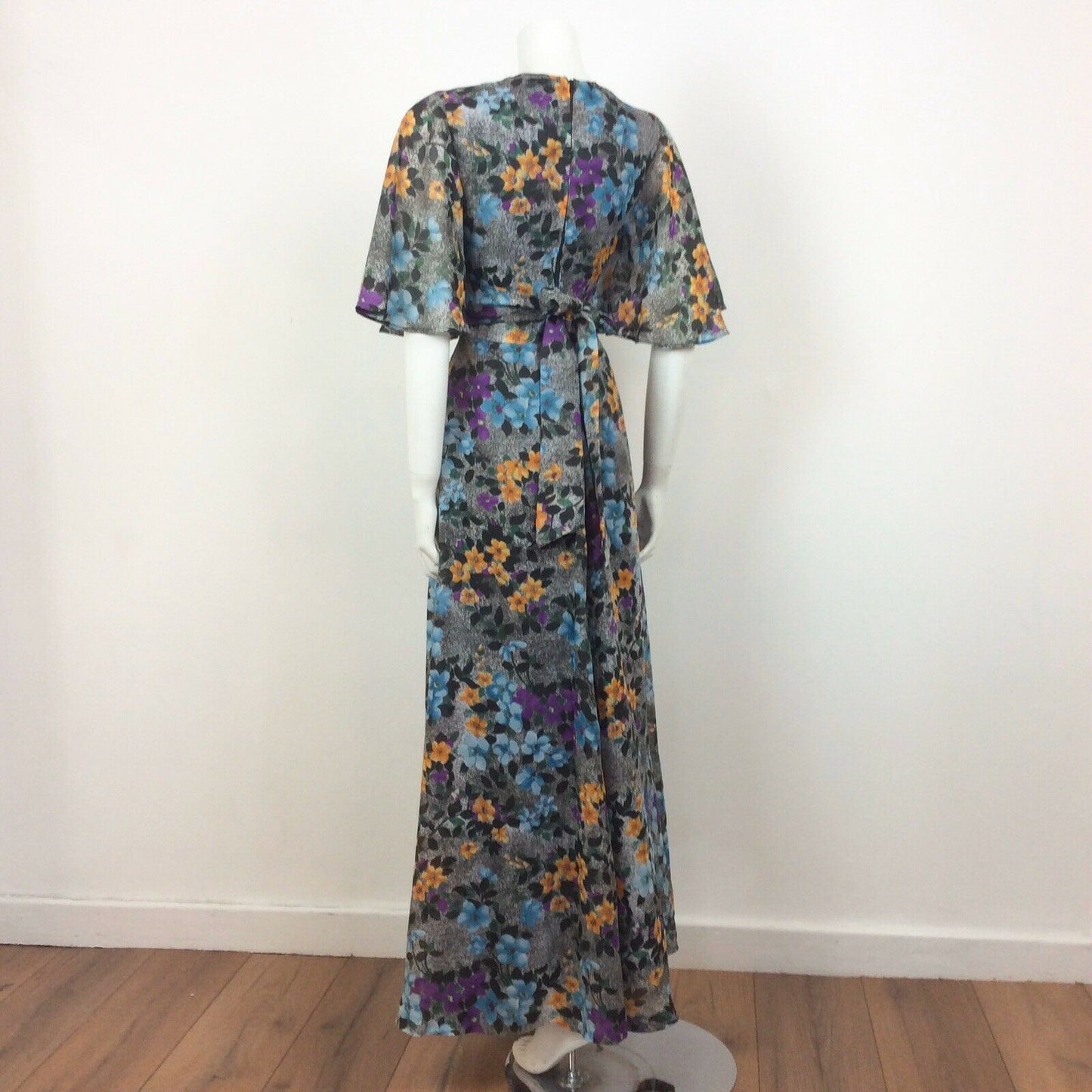 70S VINTAGE GREY GREEN BLUE PURPLE YELLOW FLOWER MAXI DRESS 10