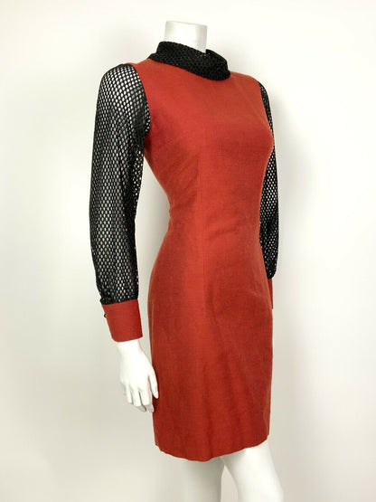 VINTAGE 60s 70s RUST RED BLACK GLITTER MESH FITTED DRESS 8