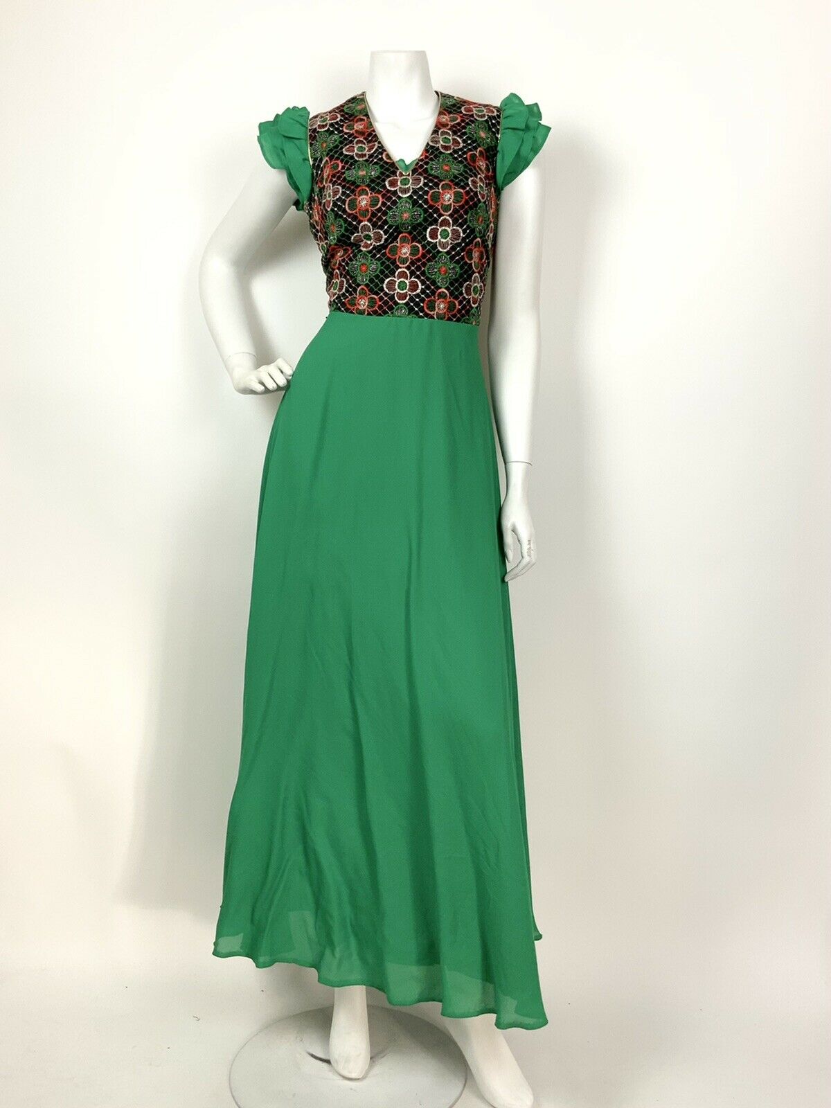 VINTAGE 60s 70s GREEN BLACK GOLD PINK FLORAL EMBROIDERED RUFFLE MAXI DRESS 8 10