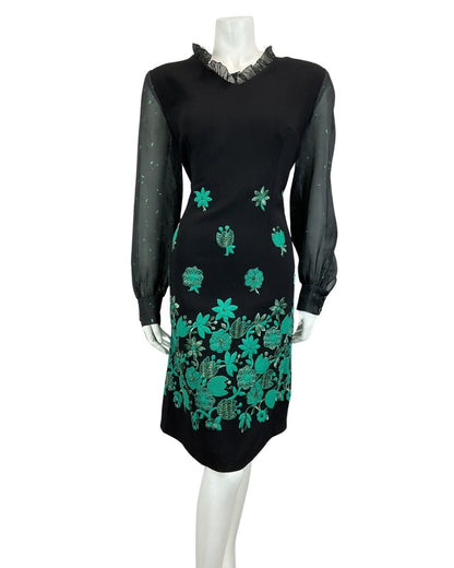 VINTAGE 60s 70s BLACK TURQUOISE GREEN MOD DISCO PARTY CHRISTMAS EVENING DRESS 12