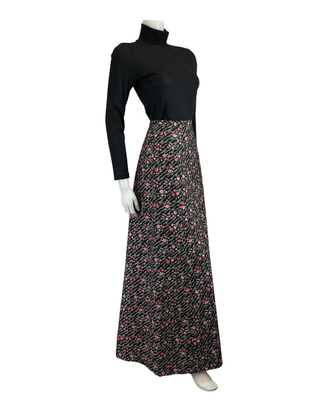 VINTAGE 60s 70s BLACK WHITE PINK ZIG-ZAG FLORAL DAISY MOD BOHO MAXI SKIRT 8 10