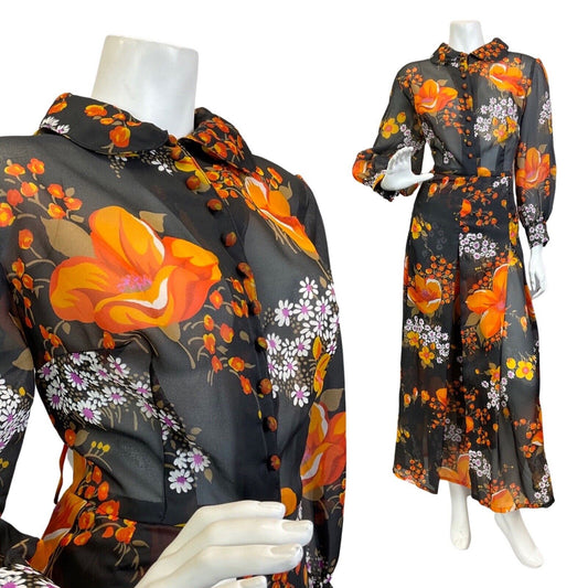 VTG 60s 70s BLACK ORANGE WHITE FLORAL PETER PAN COLLAR SHEER MAXI DRESS 16 18