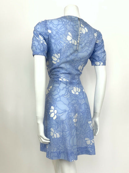 VINTAGE 60s 70s PALE BLUE WHITE FLORAL SWING SUMMER DRESS 12 14