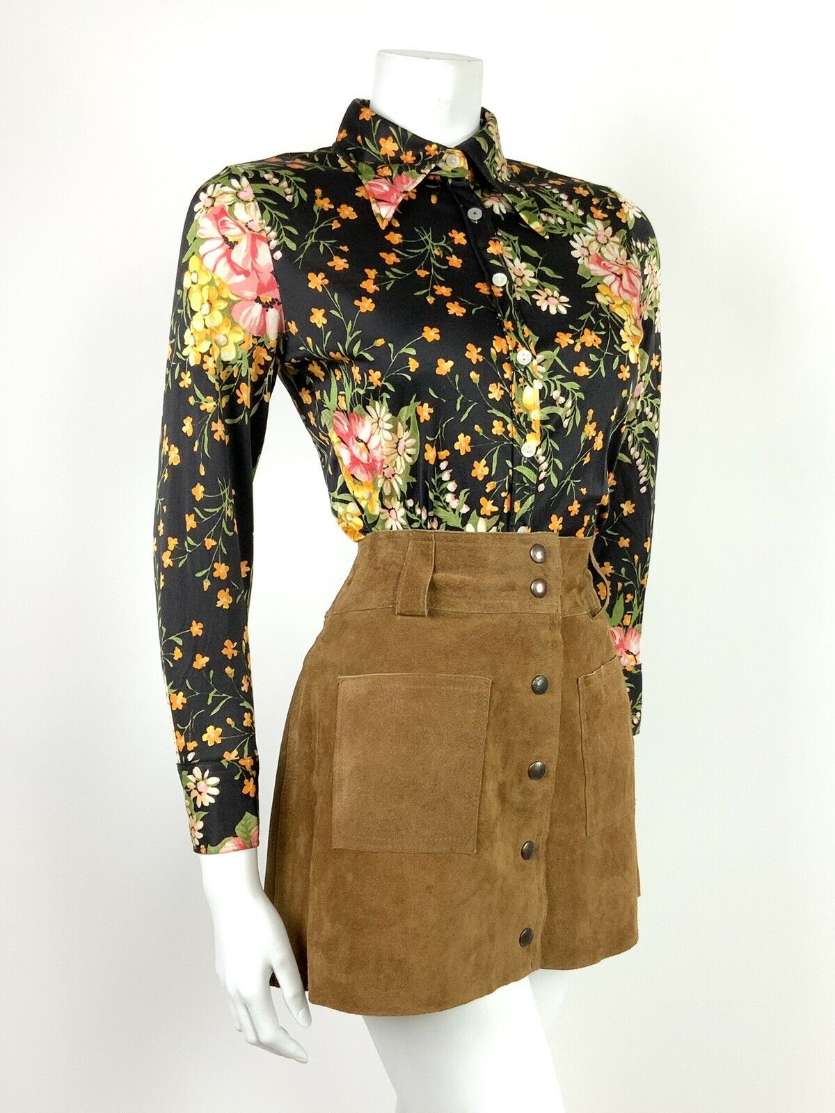 VTG 60s 70s BLACK PINK ORANGE GREEN FLORAL DITSY DAISY DAGGER COLLAR SHIRT 8 10