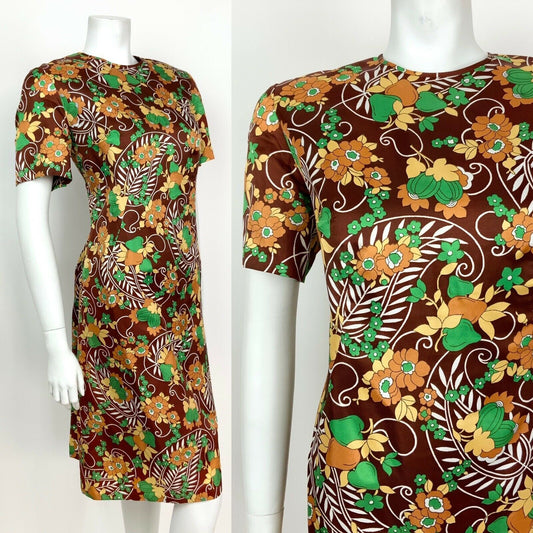 VINTAGE 60s 70s BROWN GREEN WHITE CREAM PAISLEY LEAF FLORAL SHIFT DRESS 12 14