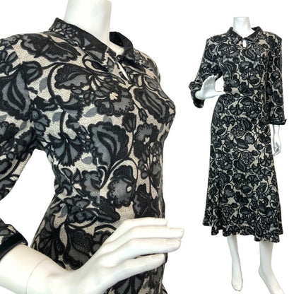 VINTAGE 60s 70s GREY BLACK FLORAL LEAFY MOD DAGGER COLLAR WOOL MAXI DRESS 14 16