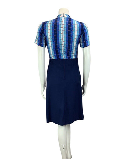 VINTAGE 60s 70s NAVY BLUE HIGH NECK LIGHT BLUE WHITE PATTERNED PINK MIDI DRESS 6