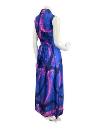 VINTAGE 60s 70s ROYAL BLUE PINK PSYCHEDELIC SPRAY PAINT MOD SHIRT MAXI DRESS 12