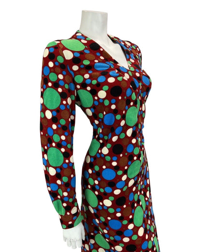 VTG 60S 70S BURGUNDY GREEN BLUE BLACK SPOTTY PSYCHEDELIC PRINT MIDI DRESS 12 14