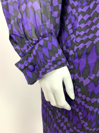 VTG 60s 70s BLACK PURPLE DIAMOND WAVY PSYCHEDELIC SHEER SHIRT DRESS 12 14