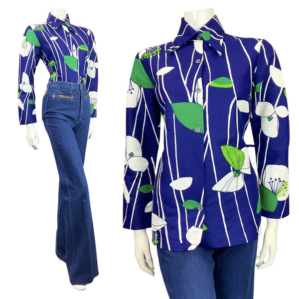 VINTAGE 60s 70s NAVY BLUE WHITE GREEN STRIPED LEAFY FLORAL DAGGER BLOUSE 14