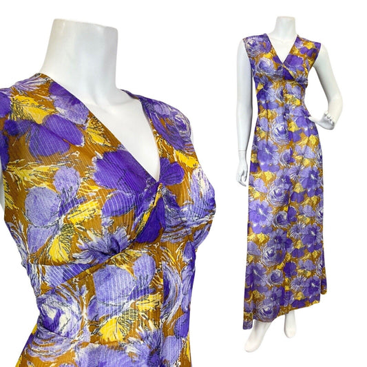 VINTAGE 60s 70s PURPLE YELLOW BROWN PSYCHEDELIC FLORAL SLEEVELESS MAXI DRESS 14