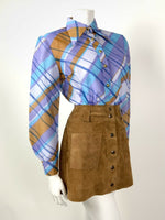 VTG 60s 70s PURPLE BLUE BRONZE CHECKED PLAID DAGGER COLLAR SHIRT BLOUSE 12 14