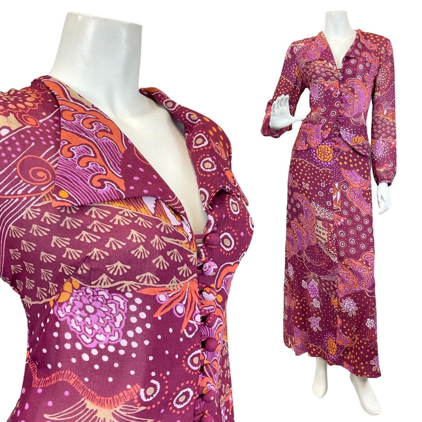 VINTAGE 60s 70s PURPLE ORANGE PSYCHEDELIC FLORAL MOD PEPLUM MAXI DRESS 8 10