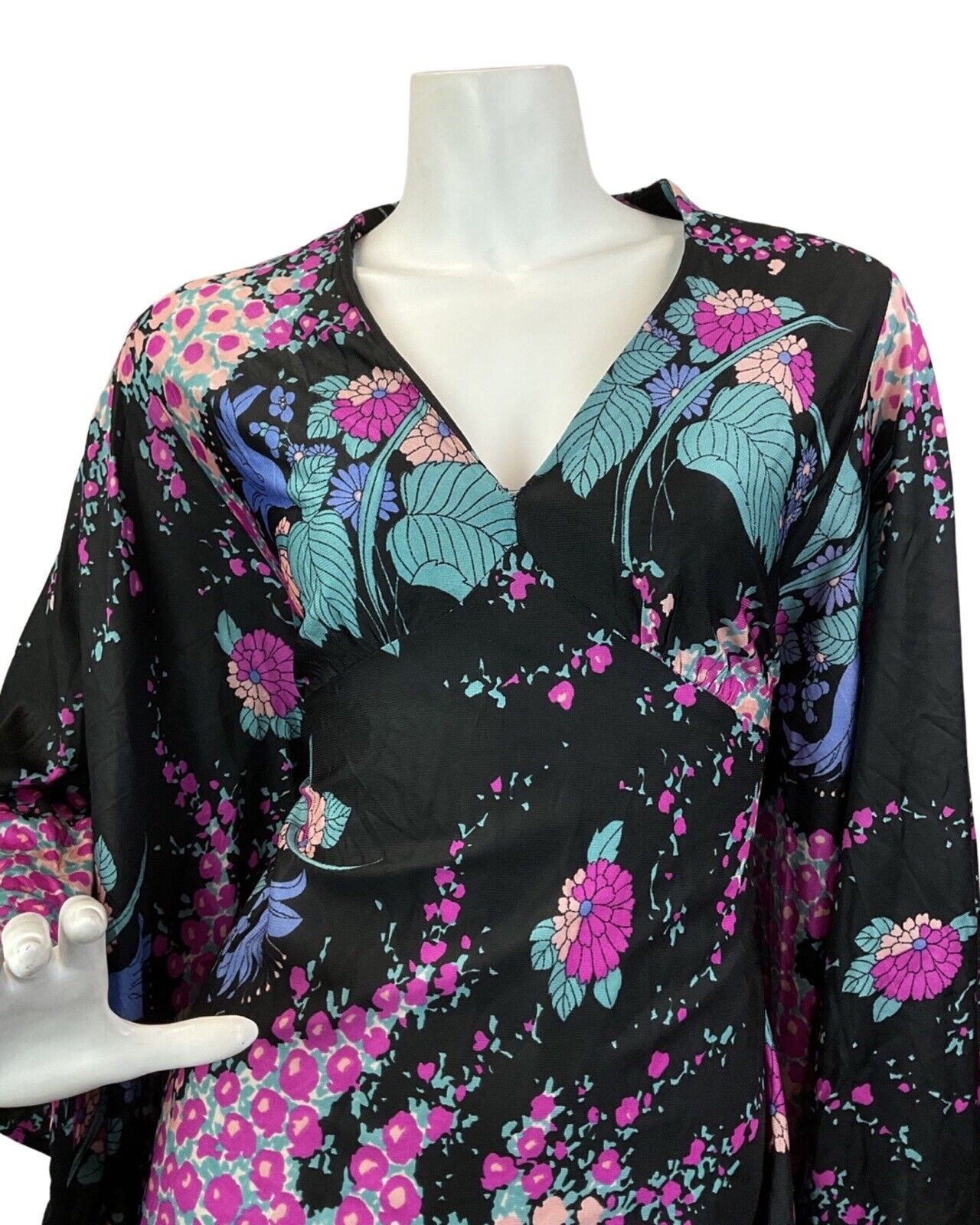 VINTAGE 60s 70s BLACK PINK BLUE FLORAL LEAFY ANGEL SLEEVE MAXI DRESS 12 14