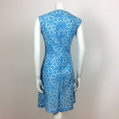 60S VINTAGE BLUE WHITE CIRCLE HOOP PRINT VINTAGE DRESS 10 12