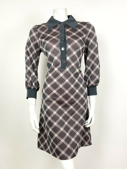 VTG 60s 70s GREY WHITE RED GEOMETRIC CHECKED SHIRT COLLAR MOD SHIFT DRESS 10 12