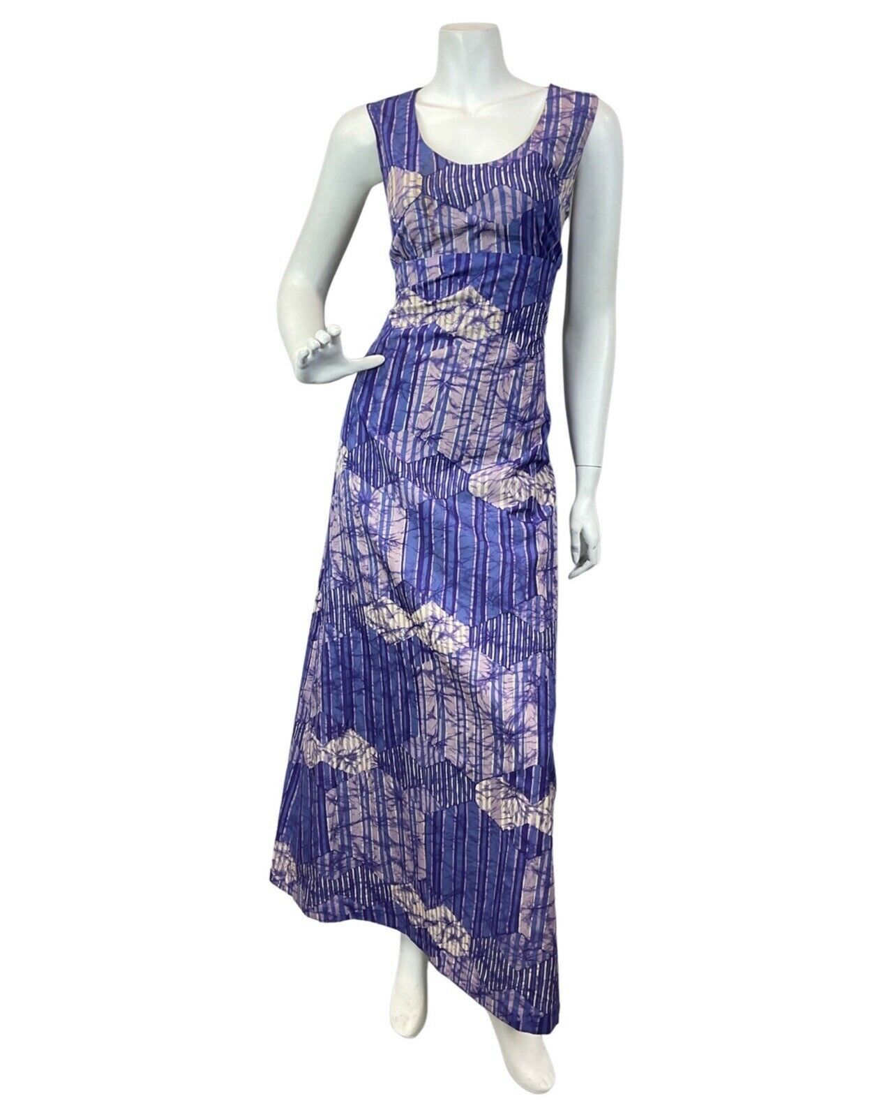 VINTAGE 60s 70s PURPLE BLUE CREAM STRIPED FLORAL ABSTRACT MAXI DRESS 10