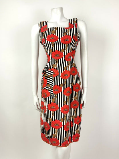 VINTAGE 60s 70s BLACK WHITE RED STRIPED FLORAL POPPY SLEEVELESS DRESS 10 12