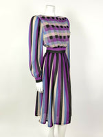 VINTAGE 60s 70s PURPLE BLUE BLACK CREAM STRIPED SHEER FLOATY DRESS 6